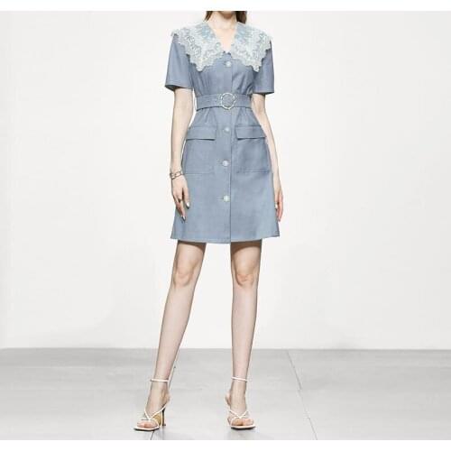 2021 New Summer Womens Temperament Tooling Style Lace Collar Waist A-line Skirt Short-sleeved Thin Skirt