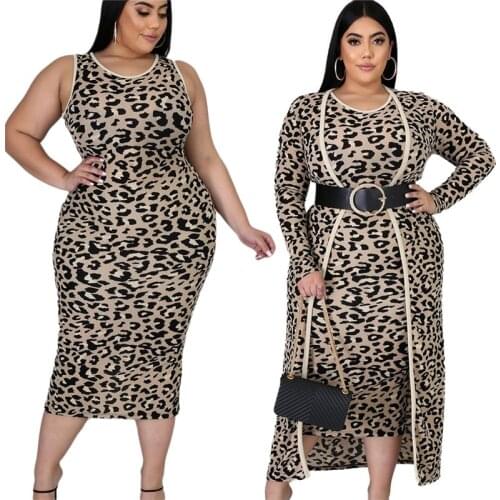 Plus Size Women 2 Piece Set Leopard Print Long Sleeve Coat Bodycon Vest Dress Stretch Matching Set Ladies Wholesale Dropshpping