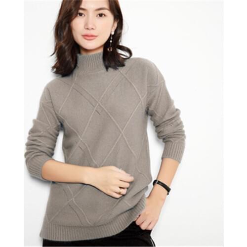 100%cashmere thick knit women fashion argyle solid half high collar loose short pullover sweater S-2XL retail wholesale