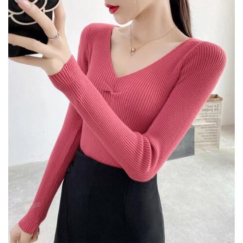 Women Long Sleeves Knitwear Slim V Neck Knitted Tops Casual Solid Knitted Sweater