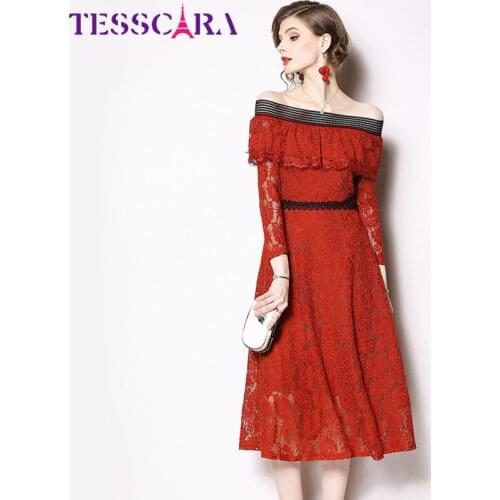 TESSCARA Women Autumn Elegant Lace Dress Festa Female High Quality Vintage Ruffle Vestidos Off the Shoulder Designer Party Robe