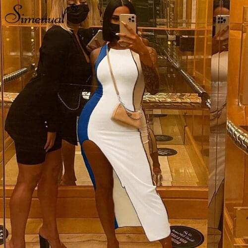 Simenual Patchwork Side Split Skinny Maxi Dress For Women Summer Club Partywear Birthday Outfit Colorblocking Long Tank Dresses