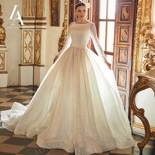 Wedding Dress Shiny Long Sleeve A-Line 2021 New Fashion O-Neck Bridal Gown Princess Court Train LelaAcra NO21 Vestido De Novia