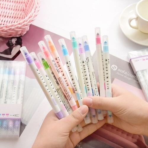 12pcs/set Highlighter Pens Stationery Mild Liner Double Headed Fluorescent Pen 12 Colors Mark Pen Cute Office School Supplies