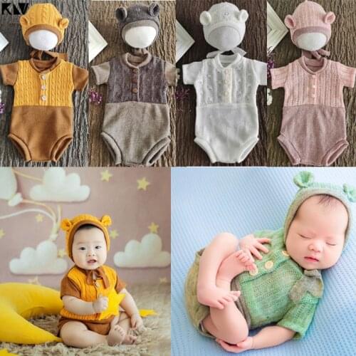 2 PCs Baby Romper Jumpsuit Hat Set Baby Knitted Jumpsuit Newborns Photography Props Infants Photo Shooting Costume Outfits