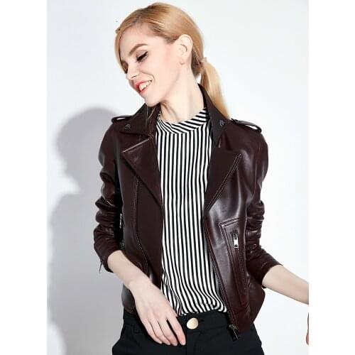 2020 Genuine Women 100% Sheepskin Short Biker Motorcycle Jacket Korean Slim Fit Red Leather Coat NINA1707M