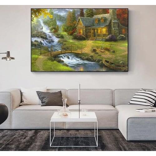 Abstract Canvas Painting Mountain View Lighthouse Poster Wall Decoration Oil Lamp Natural Cottage House Decoration Painting