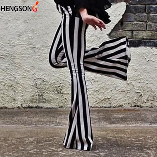 Striped Wide Leg Pant For Women Elastic High Waist Large Size Long Trouser Autumn Female 2020 Fashion Flare Pants OL Clothes