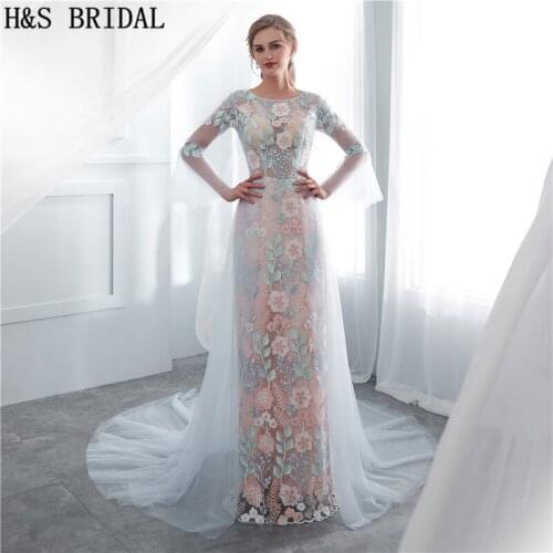 H&S BRIDAL Light Blue Long Sleeve Evening Dress Sexy Lace Evening Dresses 2020 vestidos tulle Lace Prom Dresses robe de soiree