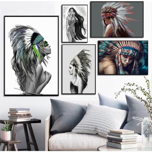 Indian Girl With Feather Posters And Prints Beauty Feather Wall Art Canvas Painting Decorative Canvas Prints For Home Wall Decor