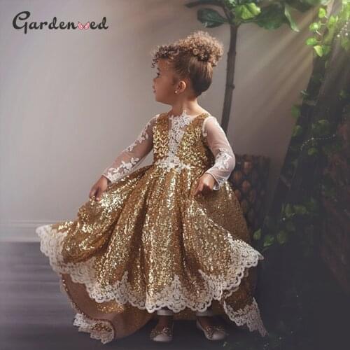 Gardenwed Sequin Flower Girl Dress Lace Girl Birthday Dress V Back Lace Princess Dresses Cute Little Girl Dress Children Dress