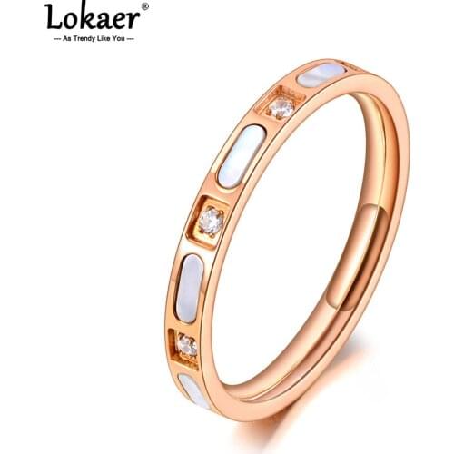 Lokaer Titanium Stainless Steel Fine Brand White Shell Rings CZ Crystal Bridal Wedding Engagement Ring Jewelry For Women R20068
