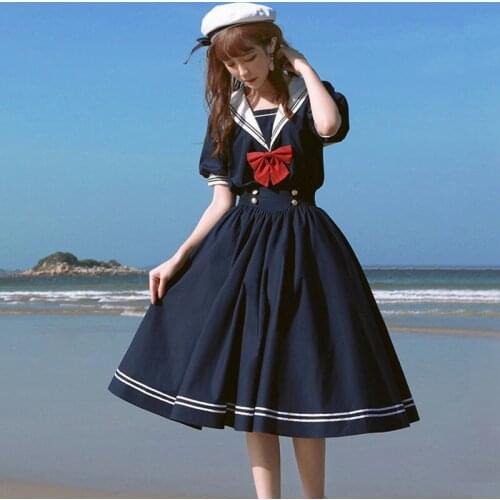 Sweet Koreaanse Boog Sailor Hals Korte Mouw Baljurk Prom Overgooiers Vrouwelijke Harajuku Kawaii Kleding Midi Geplooide Dress