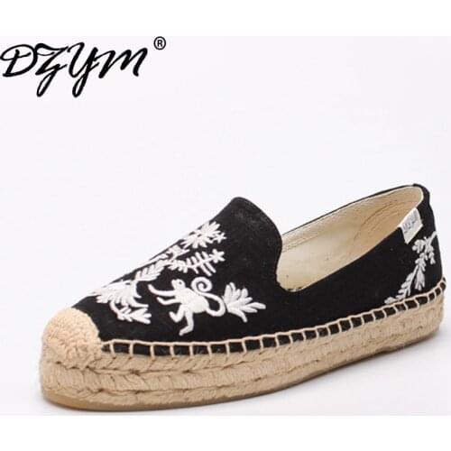 DZYM 2019 Spring Summer Pure Hand-made Embroider Canvas Flats Linen Hemp Women Loafers Comfortable Platforms Zapatos Mujer