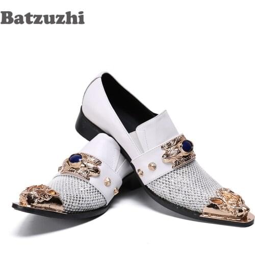 Batzuzhi Personality Leather Dress Shoes Men Pointed Metal Tip Slip on White Party & Wedding Shoes Men Zapatos Hombre! US6-US12