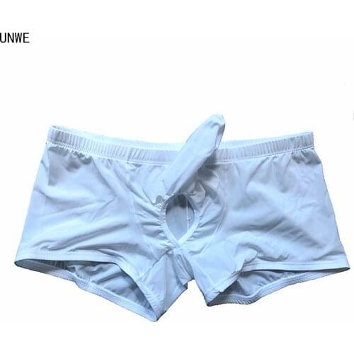 Mens Ice Silk Penis Underwear Gay Penis Elephant Nose Boxer Shorts Sex Appeal Hole Convex Egg Erotic Man Trunk