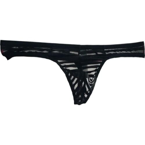Mens Sexy Stripe Transparent Thong Low Rise See Through Stretch Underwear Bikini Cueca Gay Underwear Ice Silk Panties