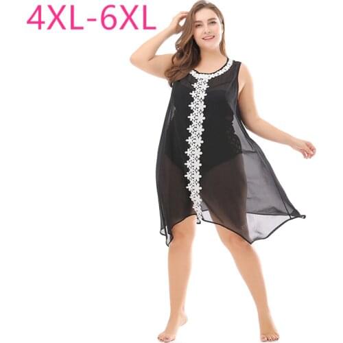 New summer plus size mini dress for women large loose casual sleeveless black chiffon transparent sandbeach dress 4XL 5XL 6XL