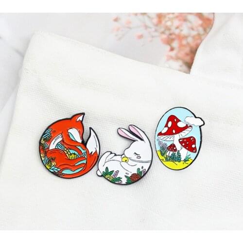 Oval Red Mushroom Enamel Brooch Fox rabbit flower leaf plant Lapel Pin Round animals huddle together Cartoon fun Badge