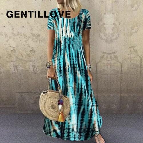 Gentillove Maxi Dress Women Y2K Tie Dye Print Loose Long Dress Casual Summer Short Sleeve O Neck Oversized Dress Beach Robe