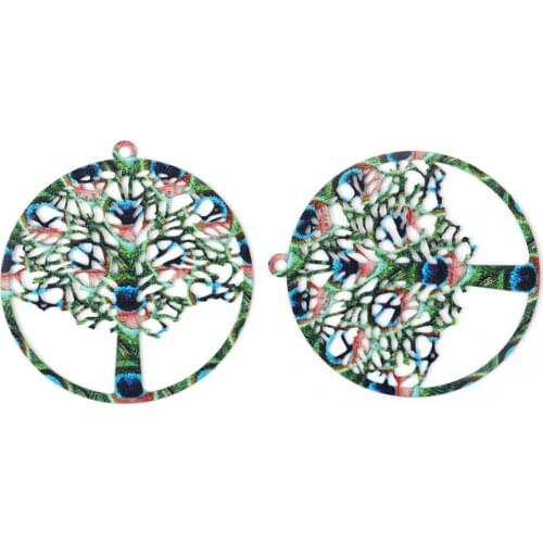 DoreenBeads Iron Based Alloy Enamel Painting Pendants Round Green Multicolor Tree Filigree 43mm(1 6/8") x 40mm(1 5/8"), 5 PCs