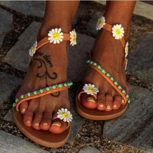 Dropshipping Summer Women Shoes Flat Heels Gladiator Sandals Fashion Female Comfortable Sweet Flowers Boho Beach Plus Size