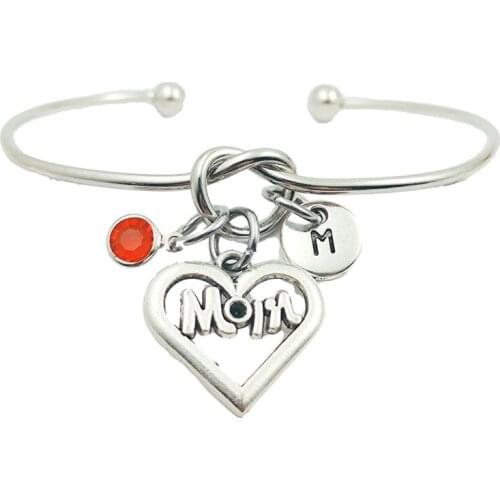 Heart Mom Creative Initial Letter Monogram Birthstone Adjustable Bracelet Fashion Jewelry Women Gift Pendant