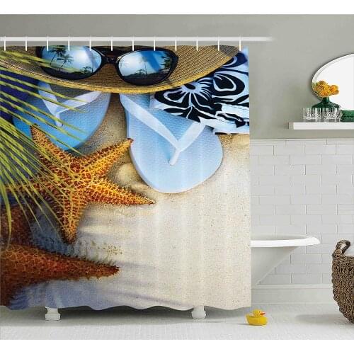 Beach Shower Curtain Hawaiian Decor Dream on the Beach Seashell Starfish Sea Star Sunglasses Exotic Palm Trees Bath Curtains