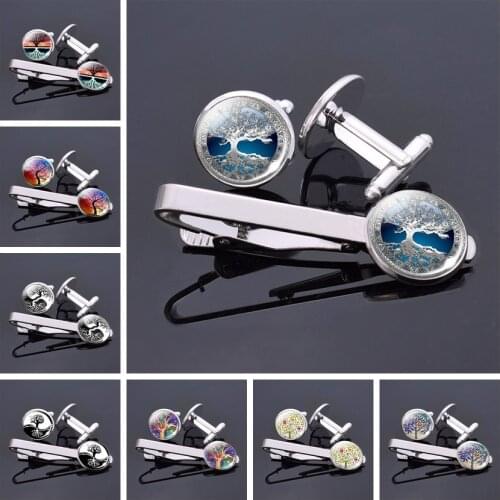 Tree of Life Cufflinks Tie Clips Set for Mens Gentleman Necktie Clip Life Tree Glass Jewelry Men Husband Birthday Gift Package