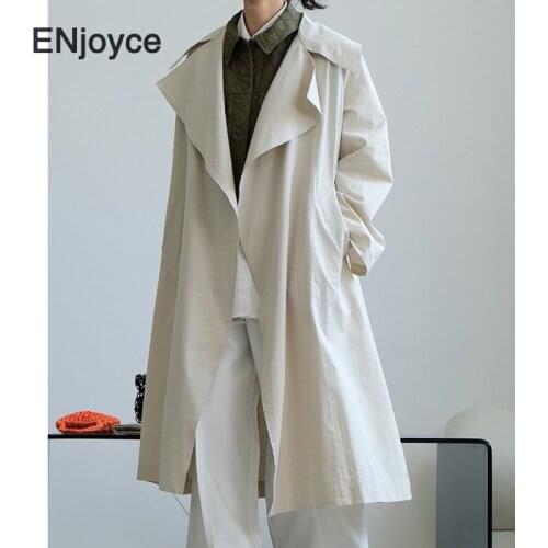 Women Vintage Big Lapel Coat Long Over Knee Windbreaker Spring Fall Linen Outerwear Korean Style Casual Loose Overcoat Jacket