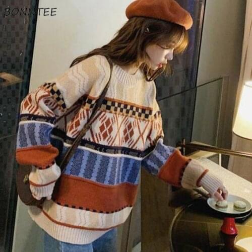 Women Pullovers Winter Thicken Vintage Retro Patchwork Long Sleeve Loose Knitted Sweaters Warm Harajuku All-match Casual Teens