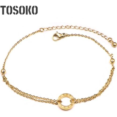TOSOKO Stainless Steel Jewelry Roman Digital Double Anklet Womens Fashion Beach Anklet BSS051