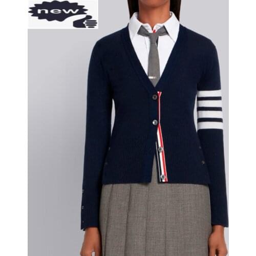 2021 Fashion TB THOM Brand Sweaters Women Slim Fit V-Neck Cardigans Clothing Striped Cotton Spring and Autumn Casual Coat