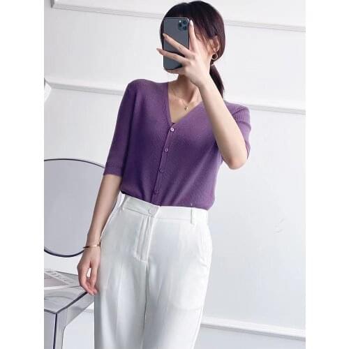 Runway Designers Tops for Women 2021 Summer Vintage Knitted Sweater V-Neck Single Breasted Women Half Sleeve Wool Cardigan Mujer