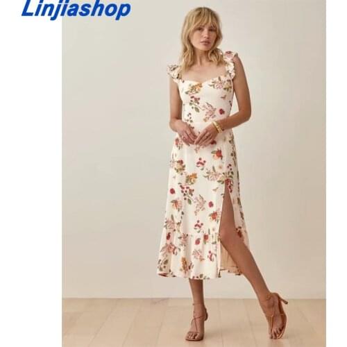White Floral Tied Braces Long Dress Women Elastic Waist Square Collar Summer Dress Split Backless Party Dresses