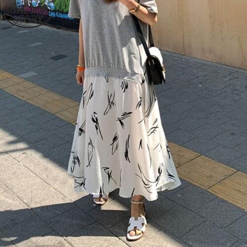 Summer Fake Two Piece Dress 2021 Women Short Sleeve Dresses Plus Size Patchwork Print Ladies Long Sleeve T-Shirt Dress 13346