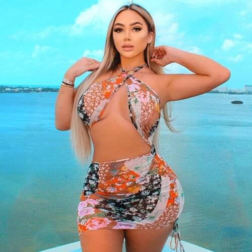 2021 Sleeveless Halter Vintage Print Sexy Mini Dress Summer Women Fashion Streetwear Outfit Y2K Clothing