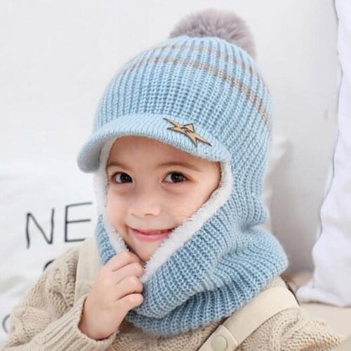 2020 Knit Short Plush Hooded Scarf Kids Hat And Scarf Child Winter Warm Protection Ear Pom Pom Cap Scarves Girls Boy Accessories