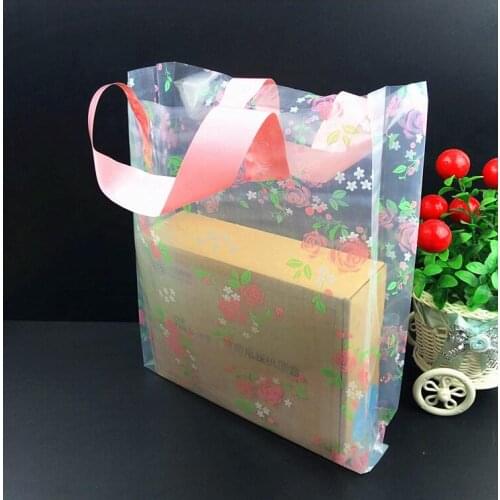 25*35cm printed rose plastic bag with handle for jewelry Boutique Gift Packaging Plastic Bags WHITE