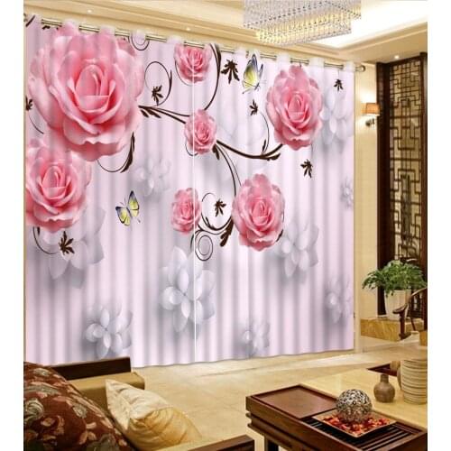 3D Curtain Printing Blockout Polyester Photo Drapes Fabric For Room Bedroom pink flower curtains