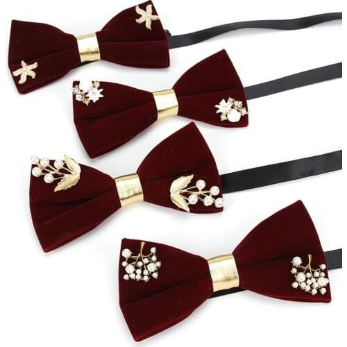 Luxury Brand New Design Mens Fashion Wine Red Pearl Diamond Decorated Golden Pu Bow Tie For Man Wedding Shirts Bowtie Butterfly