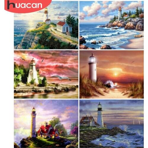 HUACAN Diamond Painting Lighthouse Cross Stitch Home Decor Diamond Embroidery Seaside Sunset Handmade Gift
