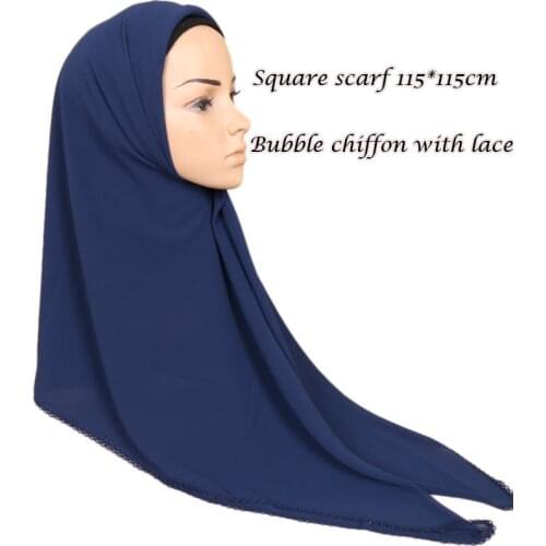 Square Bubble Chiffon Hijab Lace Edges Scarf Women Plain Shawls Scarves Womens Wrap Muslim Fashion Headscarf Headband 115*115cm