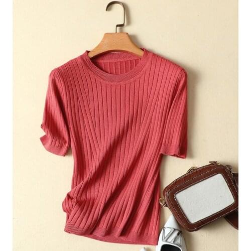 Summer New Solid Thin Knitted Women T-Shirts O-Neck Red Slim Elegant Office Lady Pulls Outwear Tops Tees