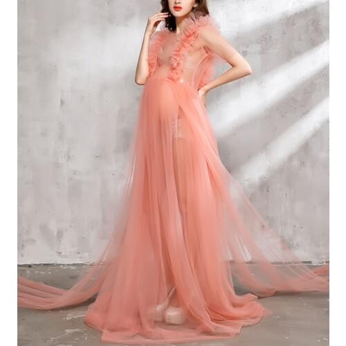 Fancy Plus Size Maternity Champagne Lace Maxi Dress Photography Props Pregnancy Picture Photoshoot Dress Studio Props Accessorie