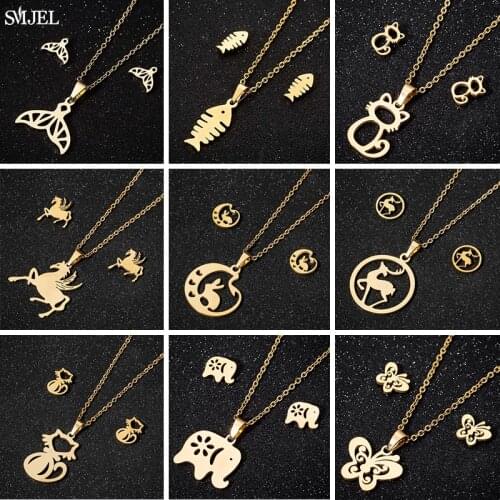 Stainless Steel Whale Tail Fish Necklaces Women Lovely Animal Cat Fish Rabbit Deer Unicorn Pendant Necklace Fashion Jewelry Gift