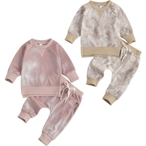 Autumn 0-24M Toddler Baby Girl Boy 2Pcs Set Tie Dye Print Long Sleeve Top+Pockets Pants Infant Clothes Khaki/Pink