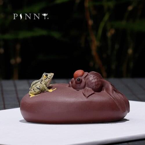 PINNY Yixing Purple Clay Frog And Fish Tea Pet Statues For Decoration Ceramic Tea Ceremony Ornaments Zisha Crafts Decorative