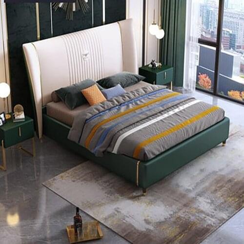 Post-modern light luxury bed master bedroom large bed Hong Kong style leather bed double bed leather wedding bed, modern mi