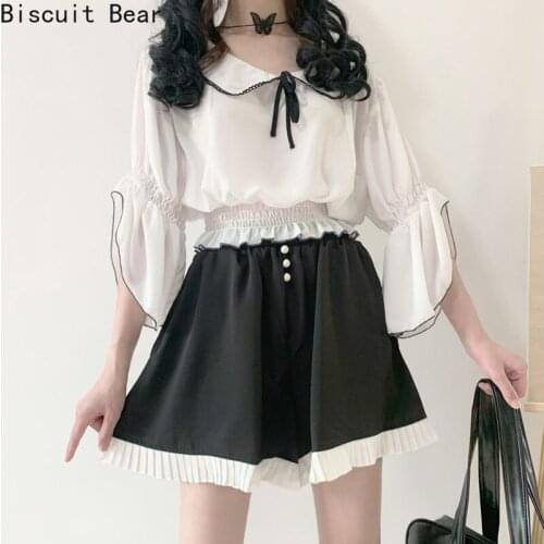 Japanese Kawaii Casual 2 Piece Set Women Outfit 2021 Summer New Fashion Girl Cute Trumpet Sleeve White Blouse Tops Lace Shorts